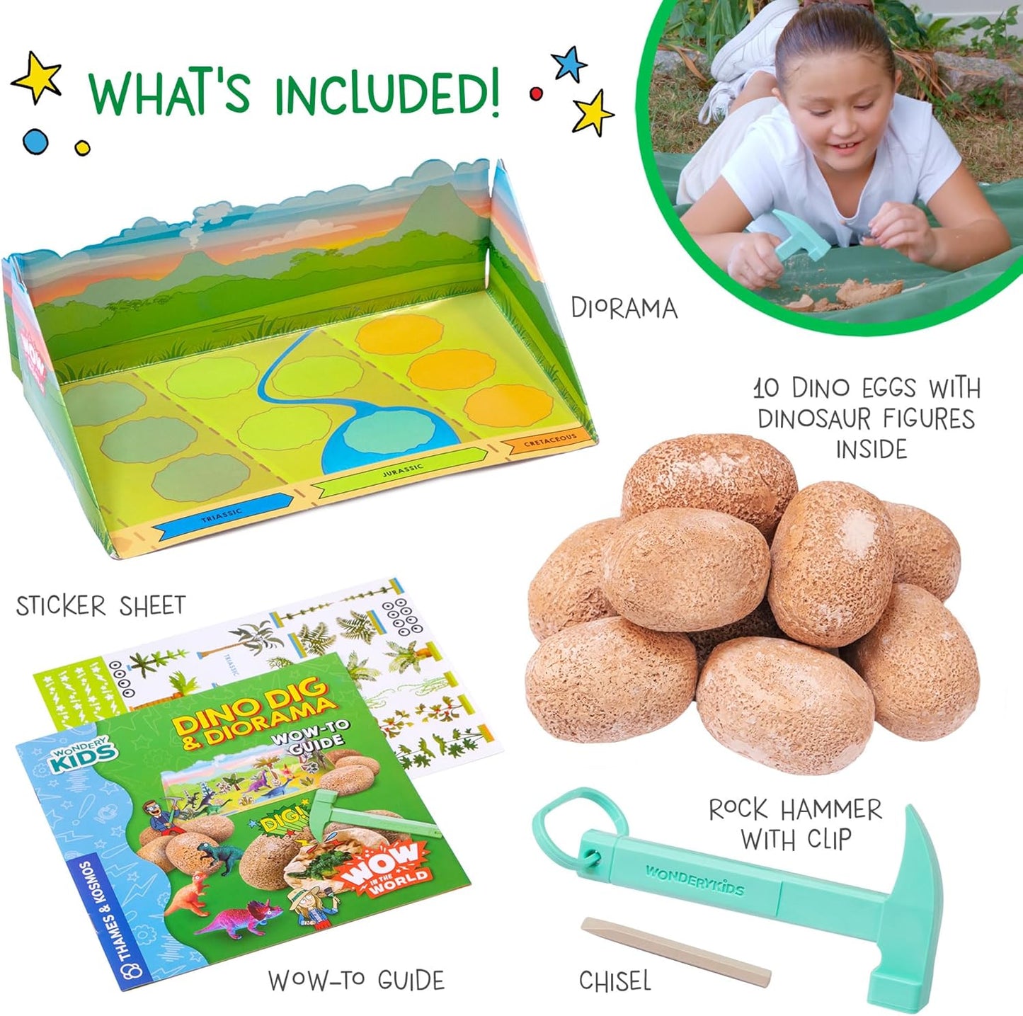 Wow in the World Dino DIG & Diorama | 10 Dig-Out Plaster Dinosaur Eggs, Prehistoric DIY Diorama, Companion Audio Content, Bonus Reusable Science Tool, STEM Toy for Kids 4+ by Thames & Kosmos