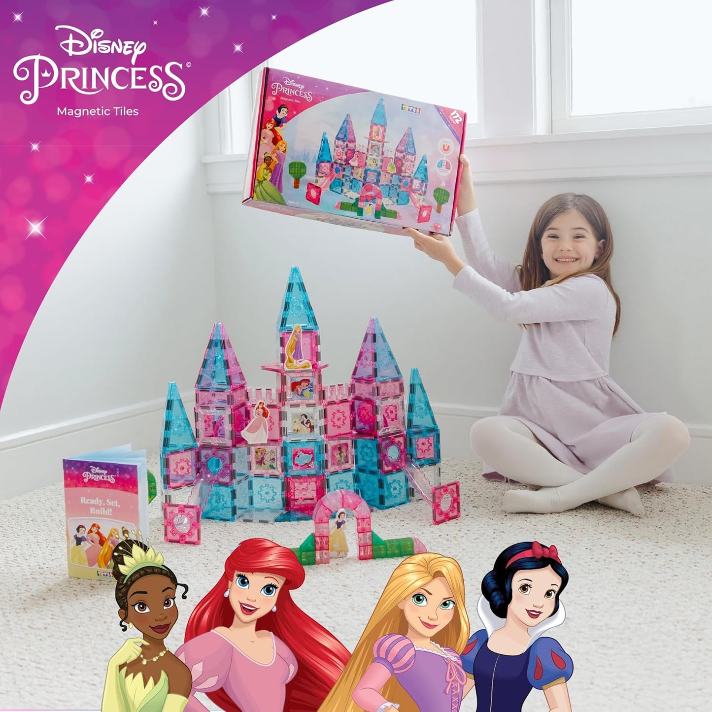 Disney Princess Toys Magnetic Tiles Castle Set - 172-Piece STEM Building Toy with Ariel, Moana, Snow White, Tiana & Rapunzel Characters, Marble Run Slides, Disney Toys for Girls Ages 3+