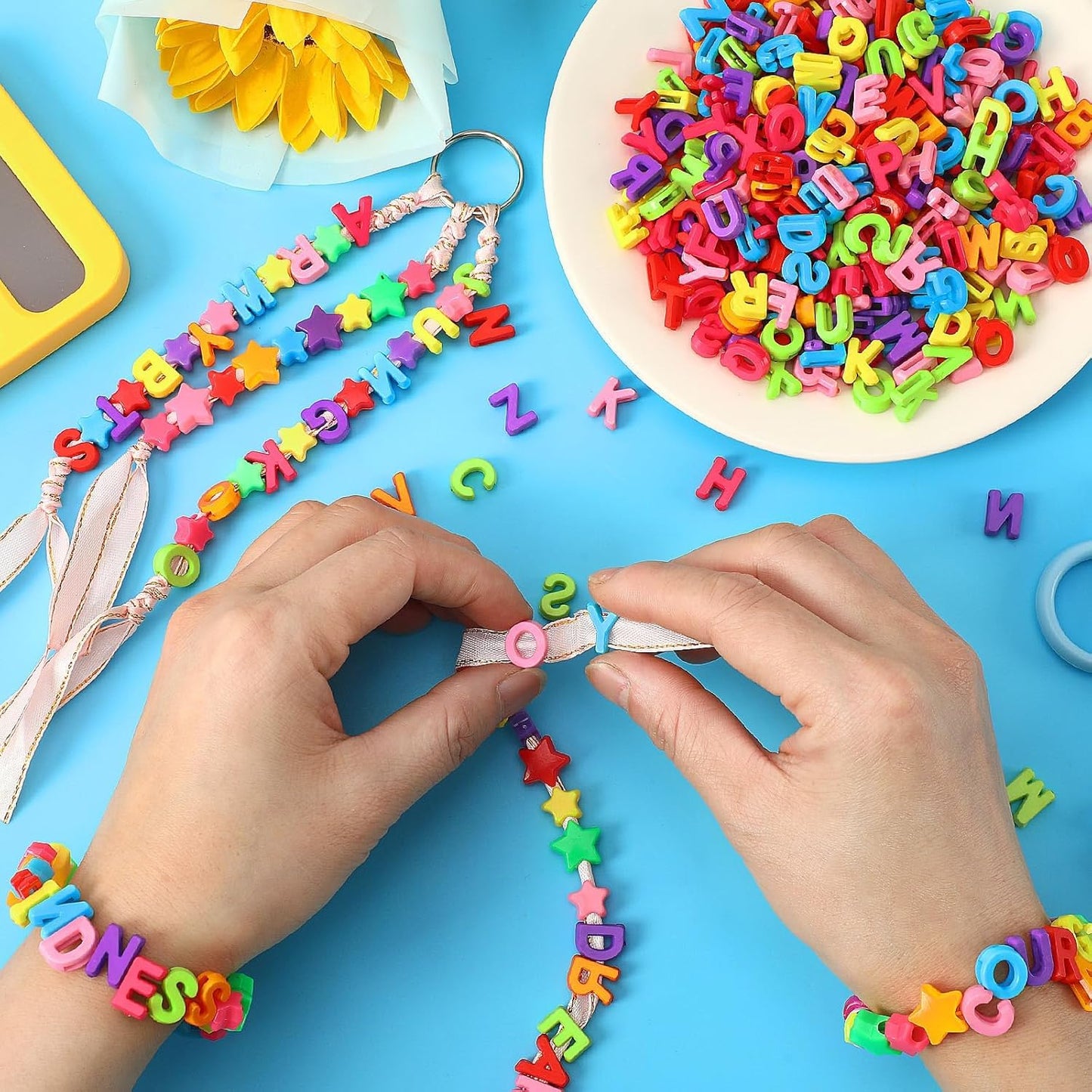 Augshy 400Pcs Large Letter Beads, Macaroon Hollow Letter Beads Plastic A-Z Mixed Alphabet Shape Bead for Jewelry Making Bracelets Necklaces Key Chains Shoelaces Crafts Party Decor(9 x 12 mm)