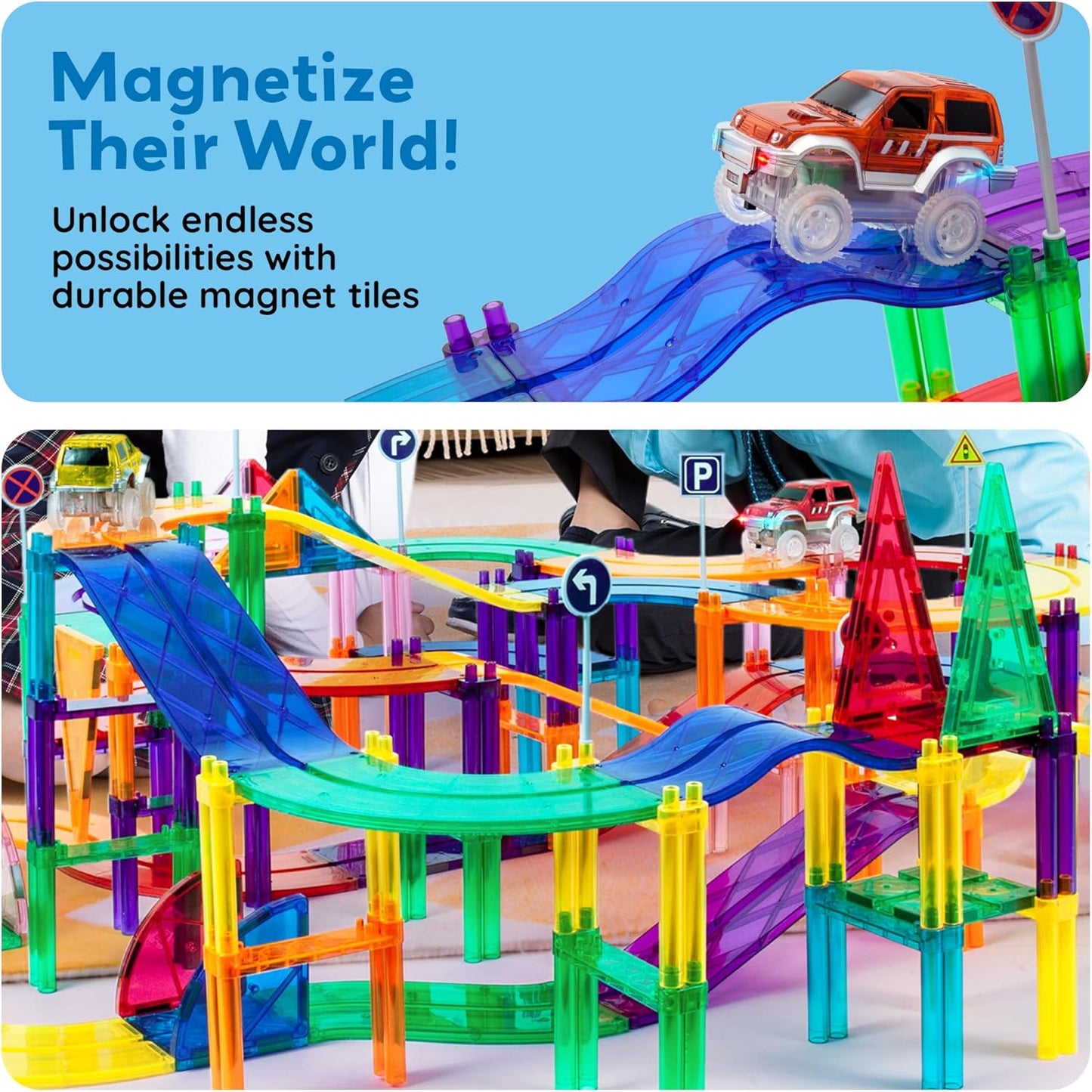 PicassoTiles 121pc Magnetic Tile Race Track Marble Run Magnet Tiles 3-in-1 Playset Car Racing Construction Set STEM Learning Early Education Building Toy Cars for School Toddlers Boys Girls Ages 3+
