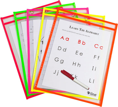 C-Line Reusable Dry Erase Pockets, 9 x 12 Inches, Assorted Neon Colors, 25 Pockets per Pack (40820)