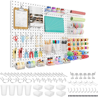Peg Board, 4PCS Metal Pegboard Wall Organizer. Heavy Duty Pegboard, Peg Boards, Pegboard for Walls, White Pegboard for Garage Craft Room Workbench Office Kitchen Tool Organization, 12"*12"