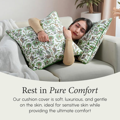 CPC 100% Cotton Throw Pillow Covers 18x18 Inch, Set of 2 Green Block Print Pattern Couch Pillow, Cute Boho Decorative Pillows for Living Room, Bedroom with Hidden Zipper- Agate Green
