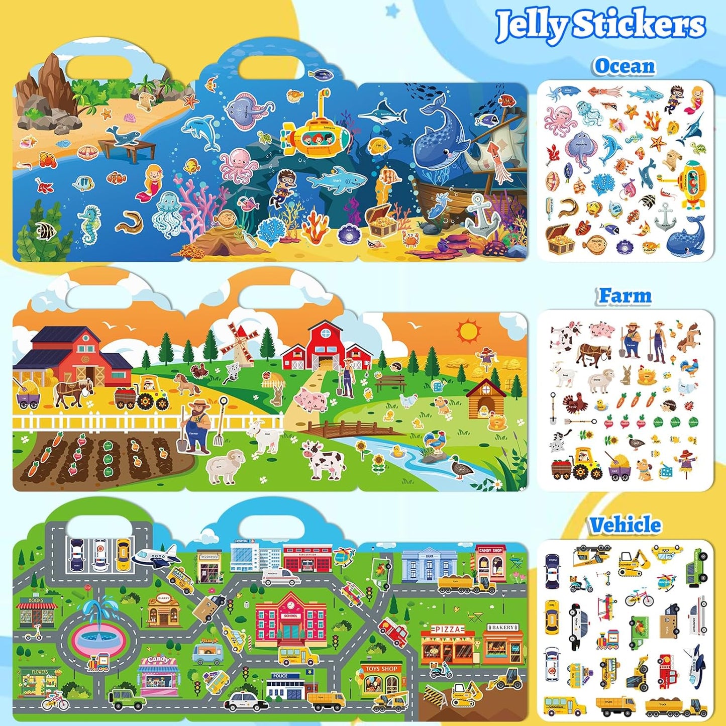 6 Sets Reusable Sticker Book for Toddlers 1-3, Jelly Sticker Books for Childs 1 2 3 Years, Toddler Travel Toys for Ages 1-3 Boys & Girls