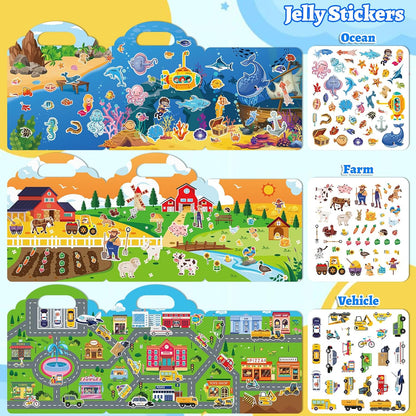 6 Sets Reusable Sticker Book for Toddlers 1-3, Jelly Sticker Books for Childs 1 2 3 Years, Toddler Travel Toys for Ages 1-3 Boys & Girls