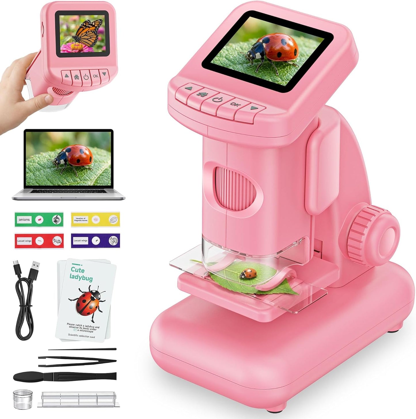1200X Microscope for Kids, 2 in 1 Handheld & Desktop Digital Microscope with 9 Slides Science Kit, Portable Microscope HD Screen Video Record, STEM Educational Toys Gifts for Ages 3-12 Boys Girls