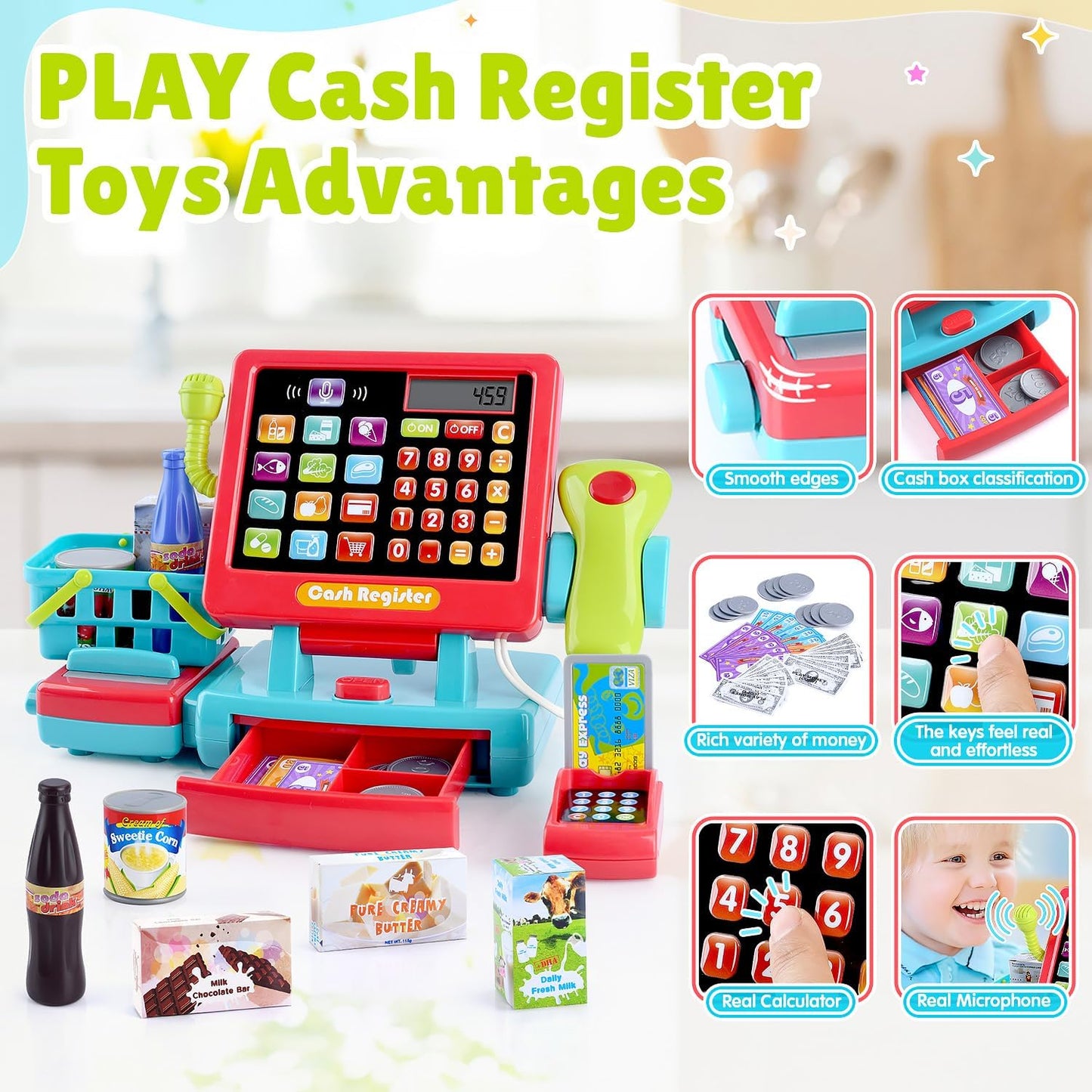 PLAY Kids Cash Register Toy - Pretend Play Calculator Register Toys with Microphone/Conveyors/Play Money/Scanner/Credit Card/Cans/Drink, 3+ Toddler Develops Early Math Skills Learning Toys