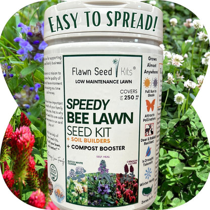 Flawn Seed Kits Speedy Bee Lawn, 500 SqFt, Dutch & Crimson Clover, Self-Heal, Easy to Spread, Low Maintenance, Pet, Kid, Eco-Friendly Regenerative