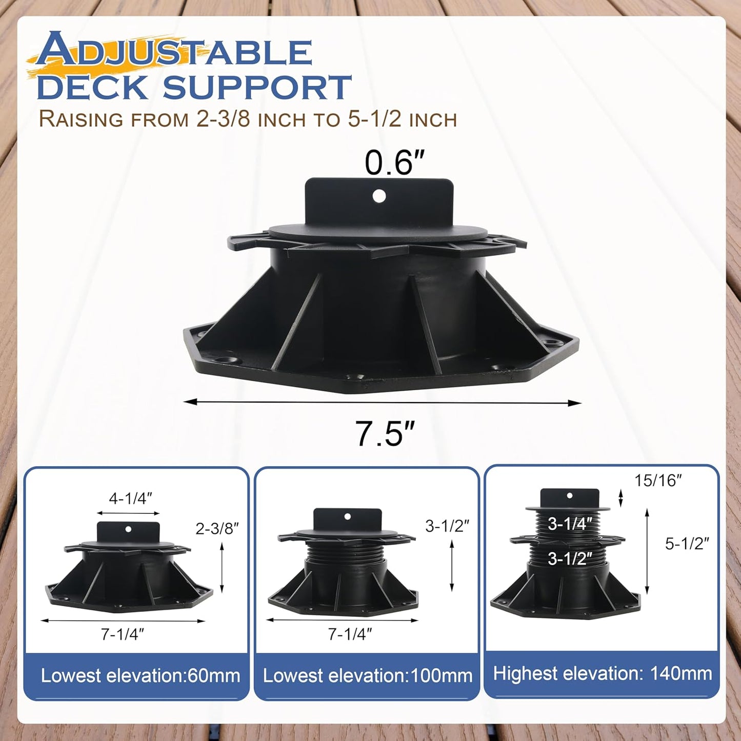 10 Pack Adjustable Deck Support Pedestal, Plastic Adjustable Deck Foundation Base, Support for Floating Deck Platform Deck Floor Height Adjustment Raising from 2-3/8" to 5-1/2"