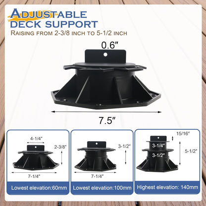 10 Pack Adjustable Deck Support Pedestal, Plastic Adjustable Deck Foundation Base, Support for Floating Deck Platform Deck Floor Height Adjustment Raising from 2-3/8" to 5-1/2"