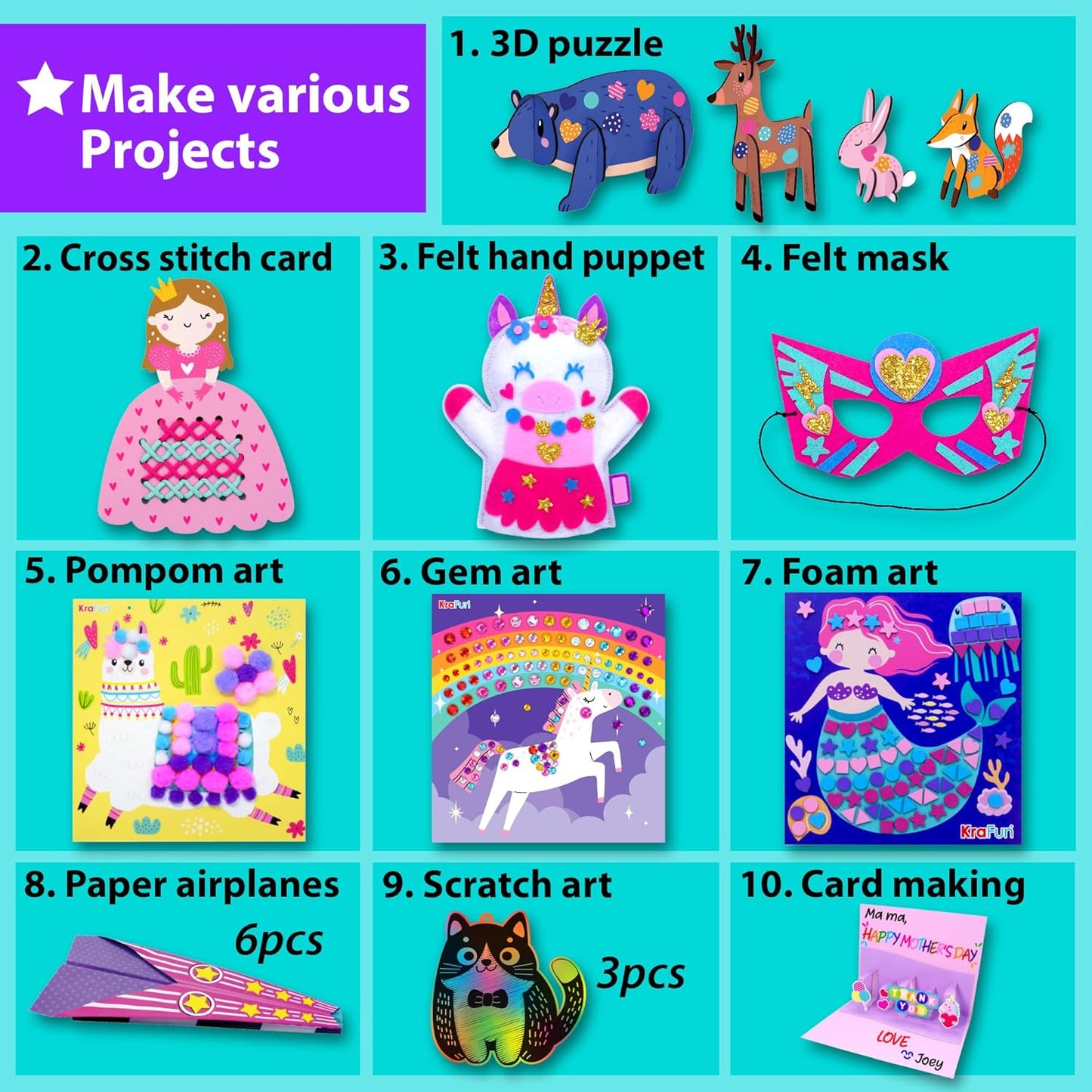 KRAFUN Toddler Art and Craft Kit, Preschool Educational Activities with 10 Envelope Projects - Origami, Puppets, Lacing & Pompoms, Creative DIY Gifts for Boys and Girls Ages 3-5