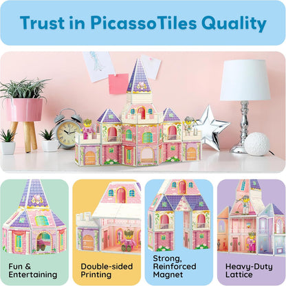 PicassoTiles 60pc Magnetic Tile Princess Castle Building Set with Double Sided Printed Tiles 2 Character Figures STEM Educational Toy Kit for Kids Pretend Play Montessori Learning Ages 3 to 8 PTQ04