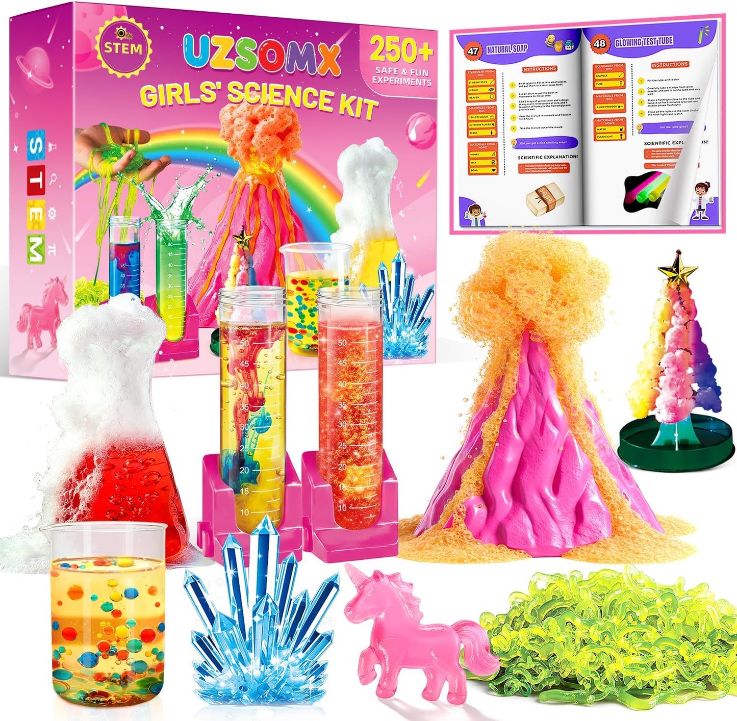 Girls Science Kit for Kids 8-12, 250+ Science Experiments Stem Toy Learning & Educational Projects with Chemistry Set, Crystal Growing, Volcano Science Kit