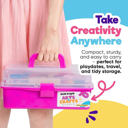 Blue Squid Arts & Crafts Box (Blue)- 2800+ pcs Deluxe Craft Supplies Box, 2 Drawers, 18 Compartments, Sturdy Handle - Art Crafting Kit Birthday Gifts for Kids, School Supply for Ages 4-12