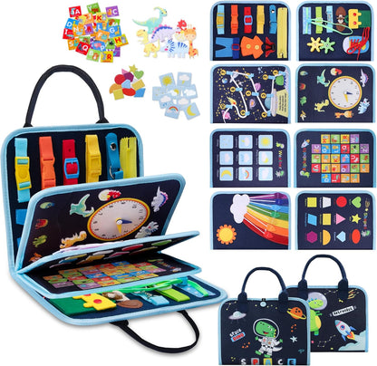 GONINO Toddler Busy Board Montessori Toys for 1-3 Year Old, Dinosaur Space Busy Book with 23 Activities for Learning Fine Motor Skills, Sensory Travel Toys for Airplane Car, Gifts for Boys Girls, Blue