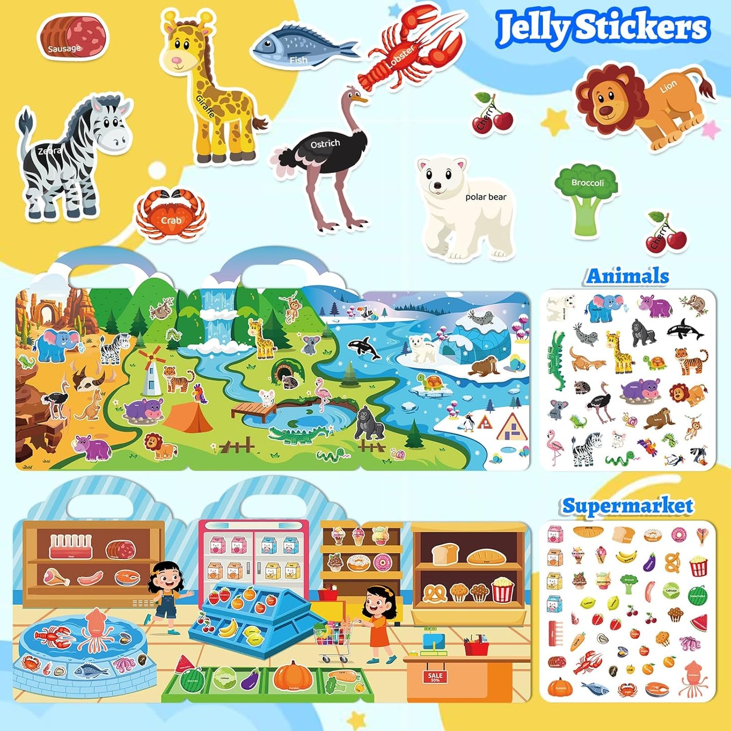 6 Sets Reusable Sticker Book for Toddlers 1-3, Jelly Sticker Books for Childs 1 2 3 Years, Toddler Travel Toys for Ages 1-3 Boys & Girls