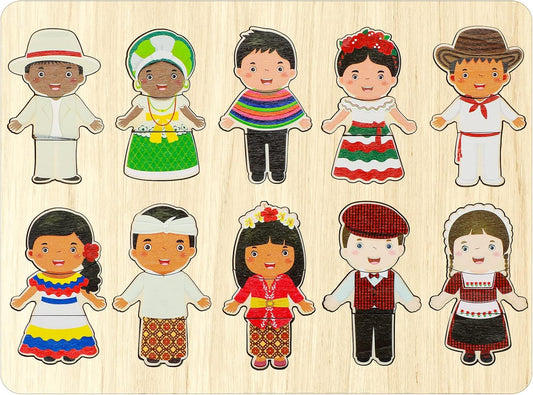 Kathfly Wooden Multicultural Doll Puzzles for Kids Interchangeable Dress Up Diversity Wood Peg Puzzles for Preschool World
