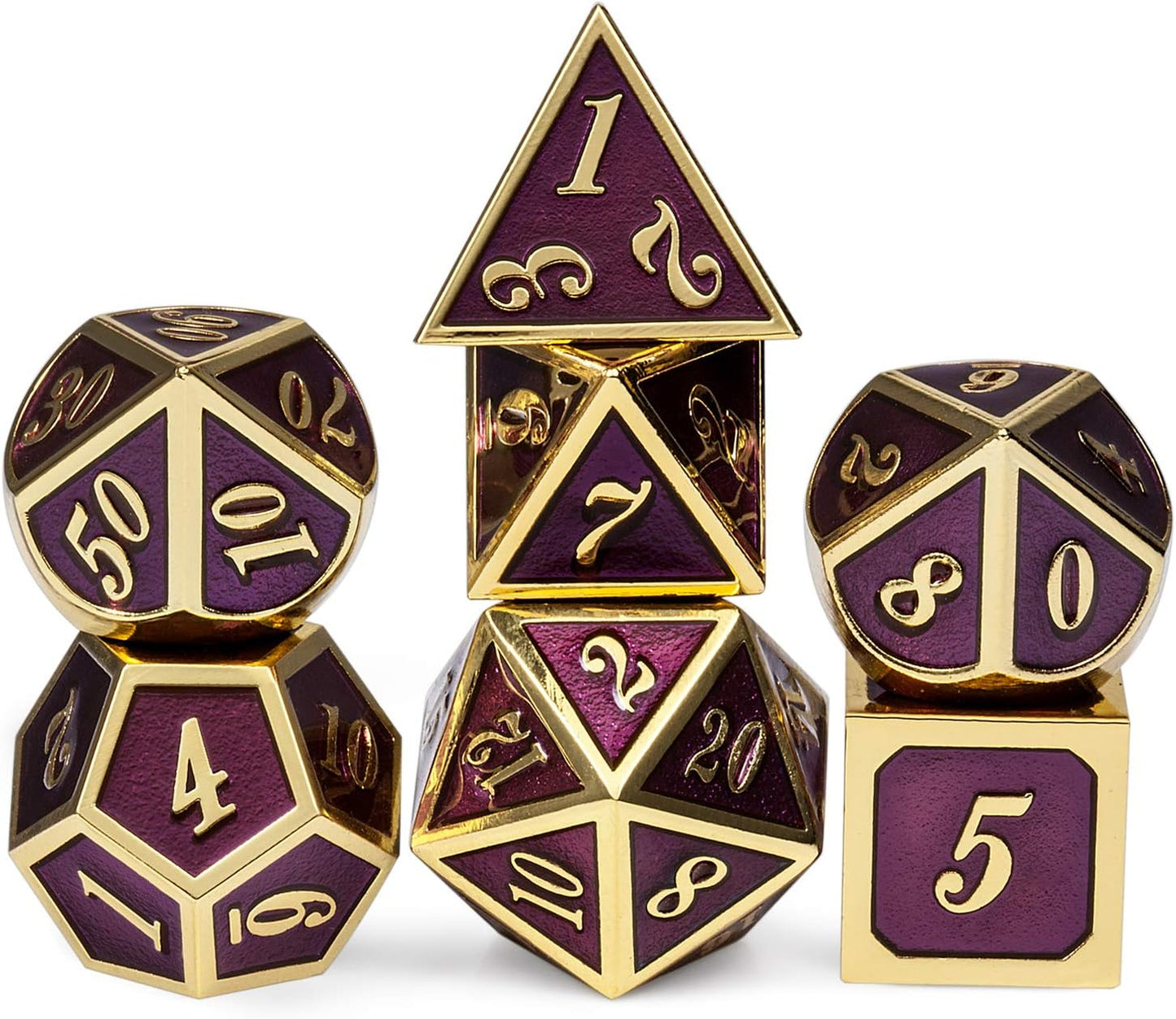 DnDnD Heavy Polyhedral Metal Dice Set with Metal Box, 7-die Shiny Blue Surface with Golden Number for RPG,Dungeons and Dragons,Pathfinder,Shadowrun,D&D,Role Palying Game and Math Teaching - Colors B