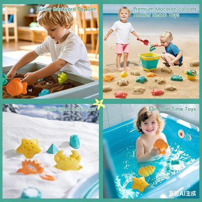 Sawaruita Beach Toys for Kids - Sand Toys Set Includes Collapsible Sand Bucket Shovel and Sand Rake Toy for Beach 12 PCS, Sandbox Toys Sandcastle Building Kit (A)