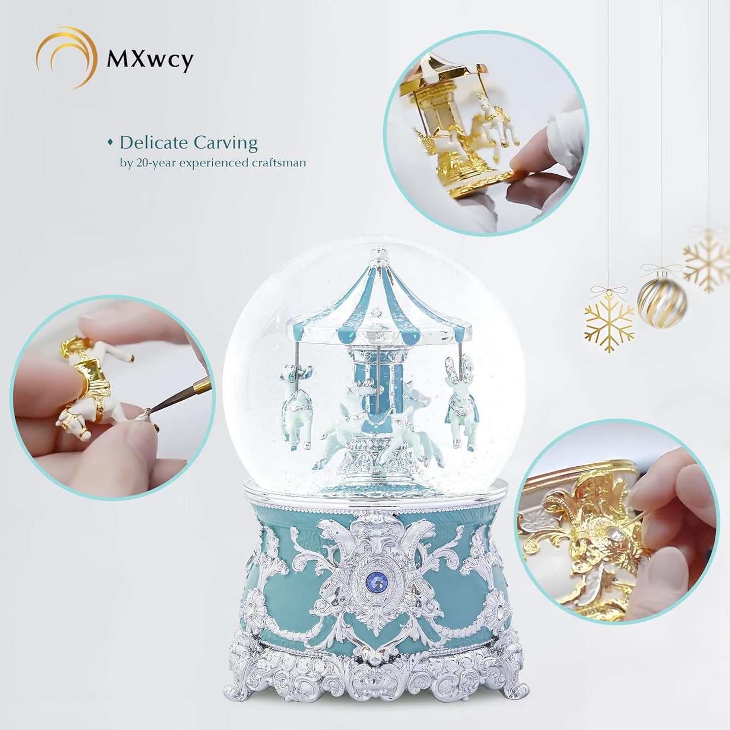 Carousel Music Box Gold & Ivory Christmas Snow Globes, 8.3" Rotate Carousel Snow Globe for Kids & Adults, Classic Wind up Musical Snow Globe Birthday Gifts for Women Girls, Carousel Horse Home Decor