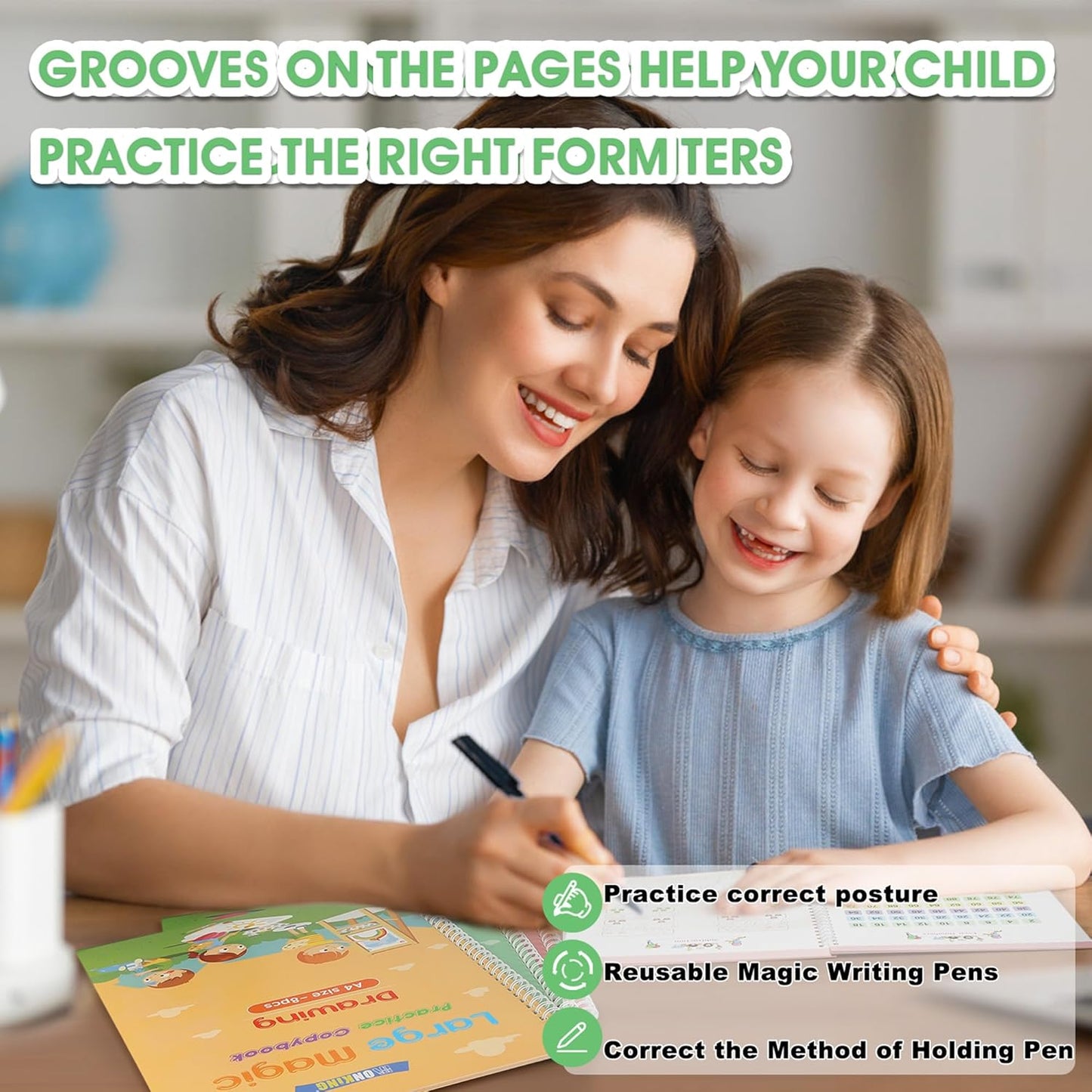 Large Magic Practice Copybook for Kids,Handwriting Grooved Practice Book 6 Pack with Pen Refill English Cursive Calligraphy Reusable Age 3-8（A4 Size）