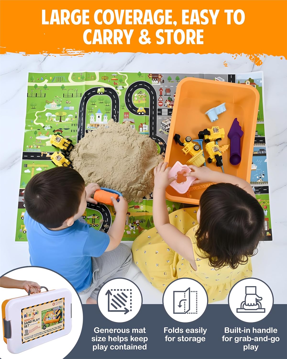 Construction Sensory Bin for Toddlers with 2-in-1 Play Mat & 2.8lbs Moldable Sand, Kids Sensory Bin with Lid & Handle, Toddler Sensory Kit Boys & Girls, Learning Activity, Gift Ages 3+