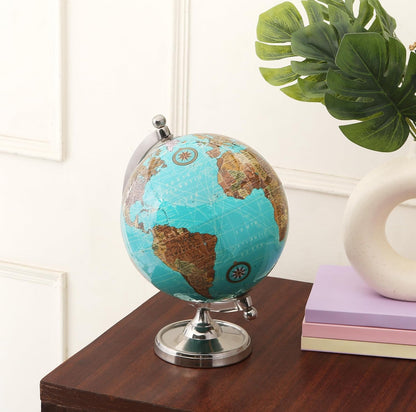 Rely+ Earth Light Blue Rotating Globe of The World with Silver Stand (NOT PLASTIC!) for Bookcase Shelf Decorative Home Desk sturdy Office Decor 6-inch