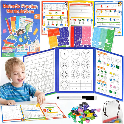 Magnetic Fraction Playbook & Tiles, Montessori Math Tools for Ages 6-10, Fraction Manipulatives Set with Wipeable Cards & Marker Pen, Learning Games for Kids Homeschool Classroom