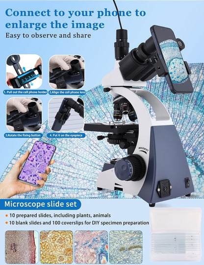 Microscopes for Adults WF10x and WF25x eyepieces Compound Microscope with Microscope Slides, Microscopes Kit for Kids Students Home School (Monocular Microscope with Big Bundle)