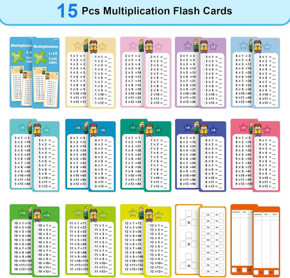 1-12 Math Flash Cards with 6 Dry Erase Pens, 15Pcs Big Multiplication Flash Cards + 36 Pcs Random Double-Sided Multiplication Practice Cards, Educational Math Flashcards for Kids Ages 6+
