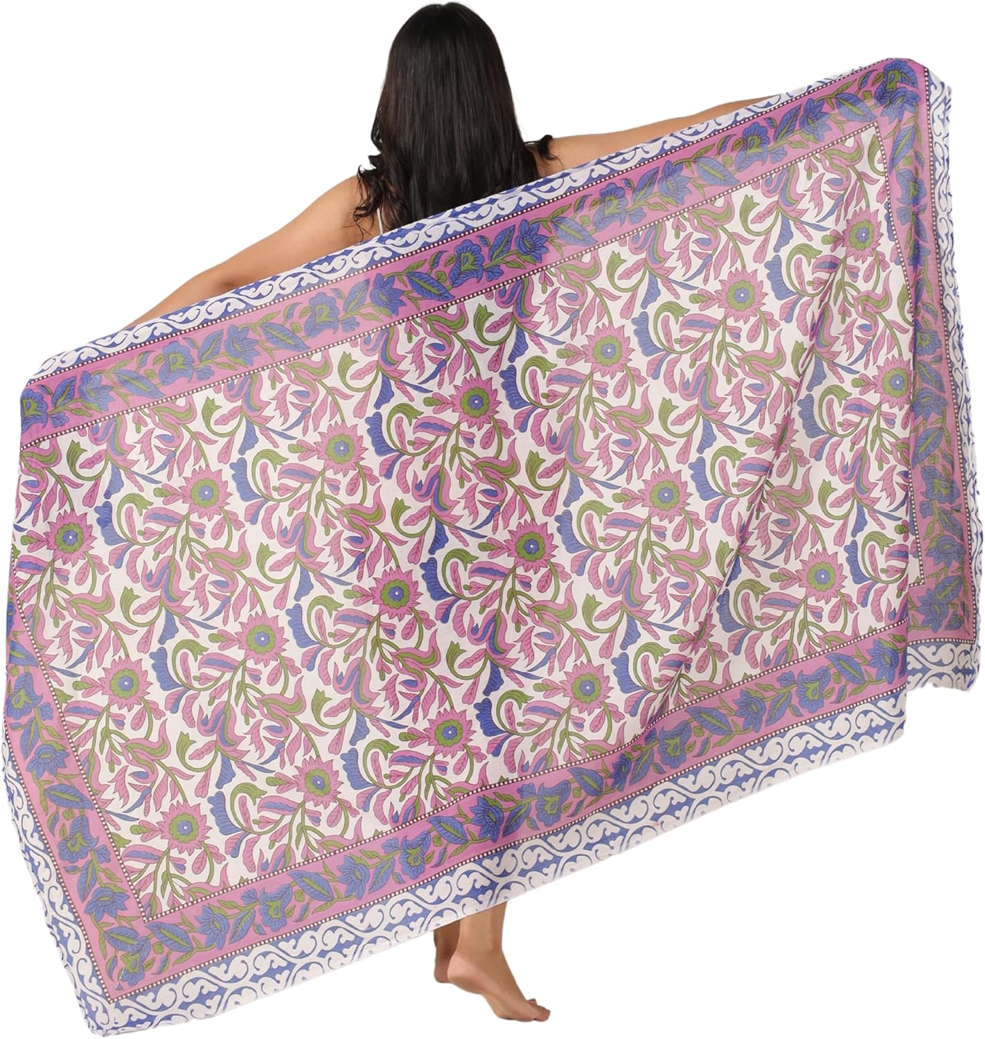 100% Cotton Sarong Cover Up for Women Indian Block Print Beach Wrap Skirt Long Boho Swimsuit Bikini Pareo (73” x 43”)
