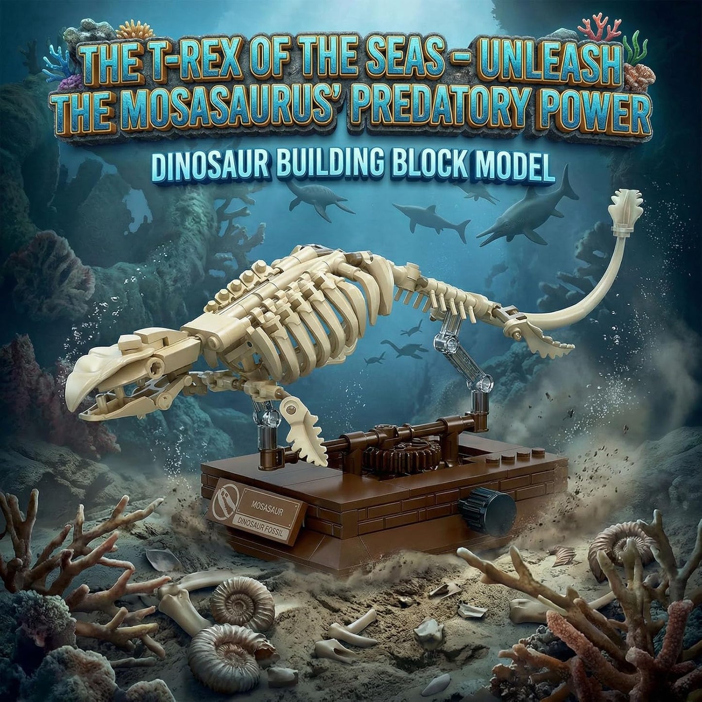 Mosasaurus Fossil Building Block Set – Mechanical Dinosaur Skeleton Model with Gear-Driven Movement and Display Base