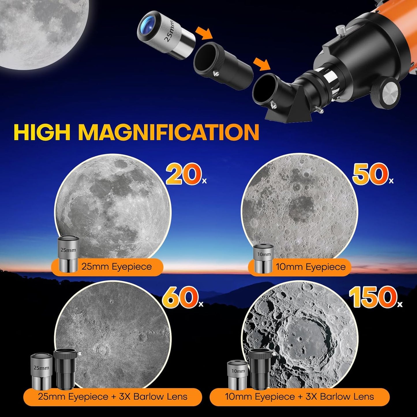 USCAMEL Telescope for Adults High Powered: 90mm Astronomical Portable Refractor for Beginners Kids 8-12 - Tripod & Phone Mount for Travel Stargazing Photography (Orange)