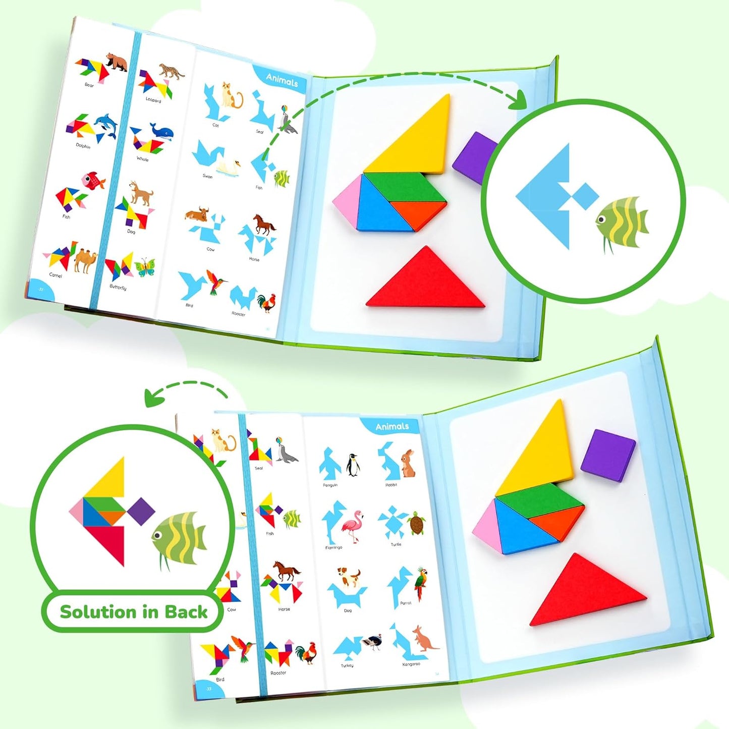 BenBen Travel Tangram Puzzle with 2 Sets Magnetic Wooden Shapes, Extra Large Dual-Sided Magnet Surface, Color Pattern IQ Book，Road Trip Car Plane Game，Educational STEM Travel Toys for Kids Adults