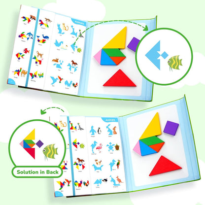 BenBen Travel Tangram Puzzle with 2 Sets Magnetic Wooden Shapes, Extra Large Dual-Sided Magnet Surface, Color Pattern IQ Book，Road Trip Car Plane Game，Educational STEM Travel Toys for Kids Adults