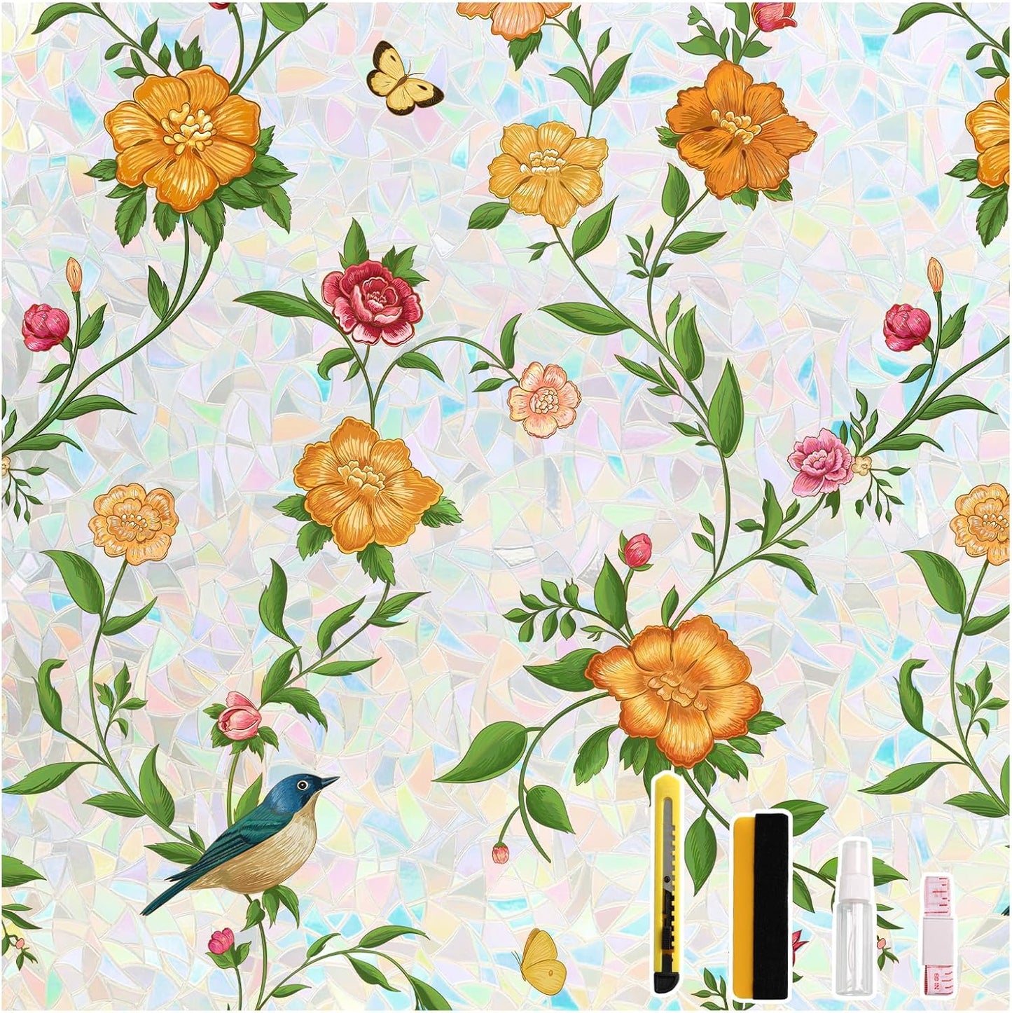 Donox Window Privacy Film Static Cling, Decorative Stained Glass Style Tint, Lotus Pattern with Rainbow Effect for Home and Office, UV Blocking No Glue Removable, 17.5 x 157.4 inches