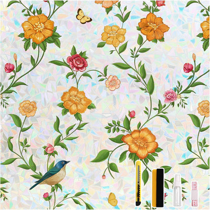 Donox Window Privacy Film Static Cling, Decorative Stained Glass Style Tint, Lotus Pattern with Rainbow Effect for Home and Office, UV Blocking No Glue Removable, 17.5 x 157.4 inches