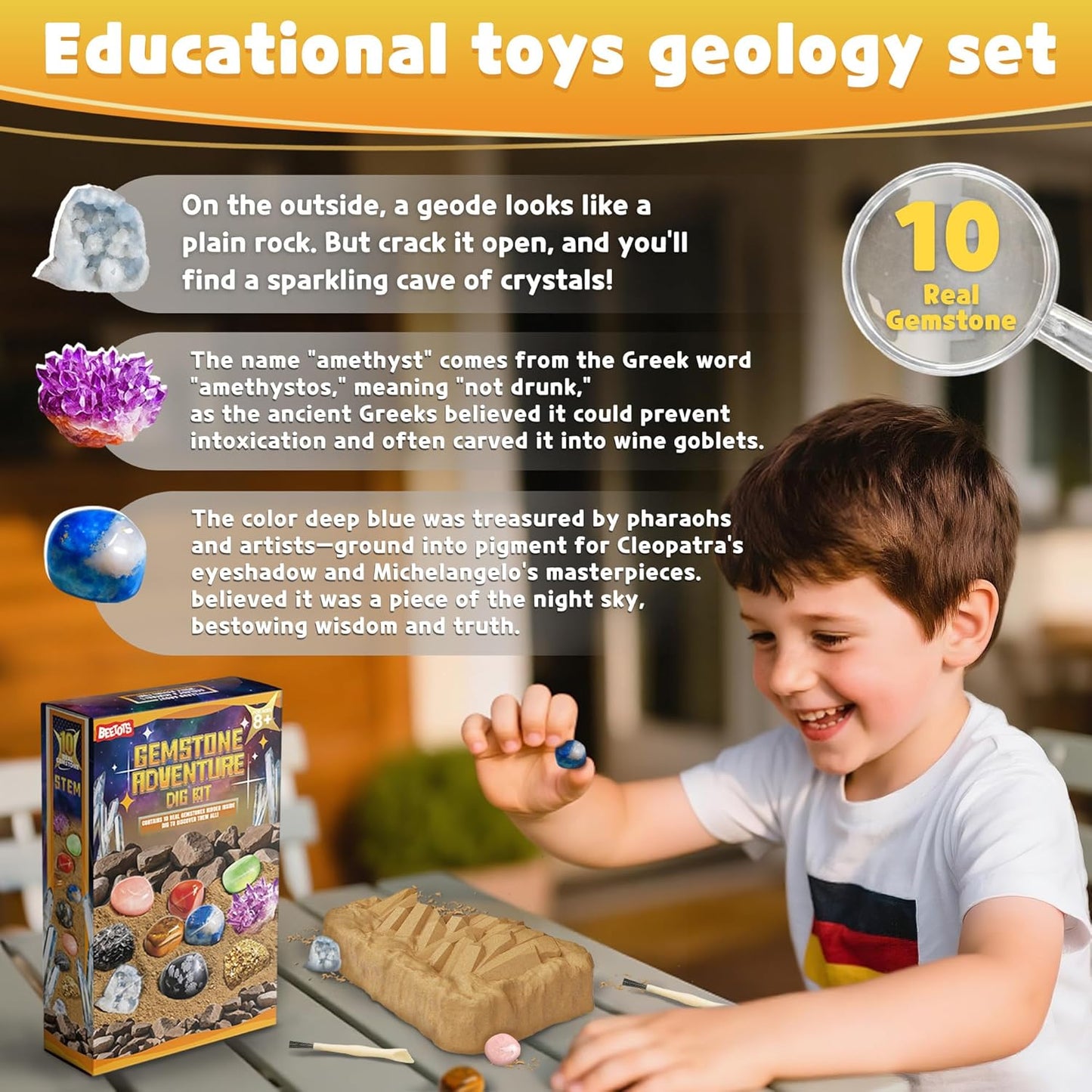 Gemstone Dig Kit for Kids with 2 Tools, Excavate 10 Real Gems, STEM Science Mining Toy, Educational Gift for Boys and Girls Ages 8-12