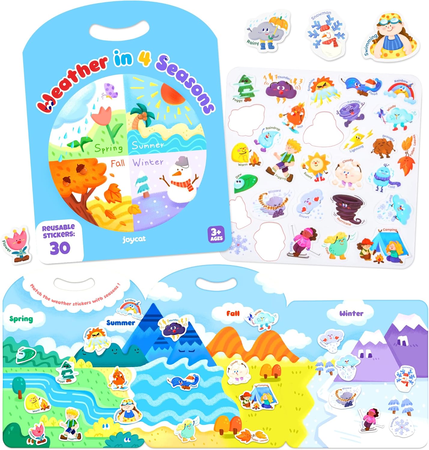 JoyCat Reusable Sticker Book Set (3-Pack): Farm, Pizza-Making, Weather - 90 Pcs Stickers for Toddlers, Kids Sticker Activity Book, Road Trip Travel Toys, Birthday Gifts for Boys and Girls