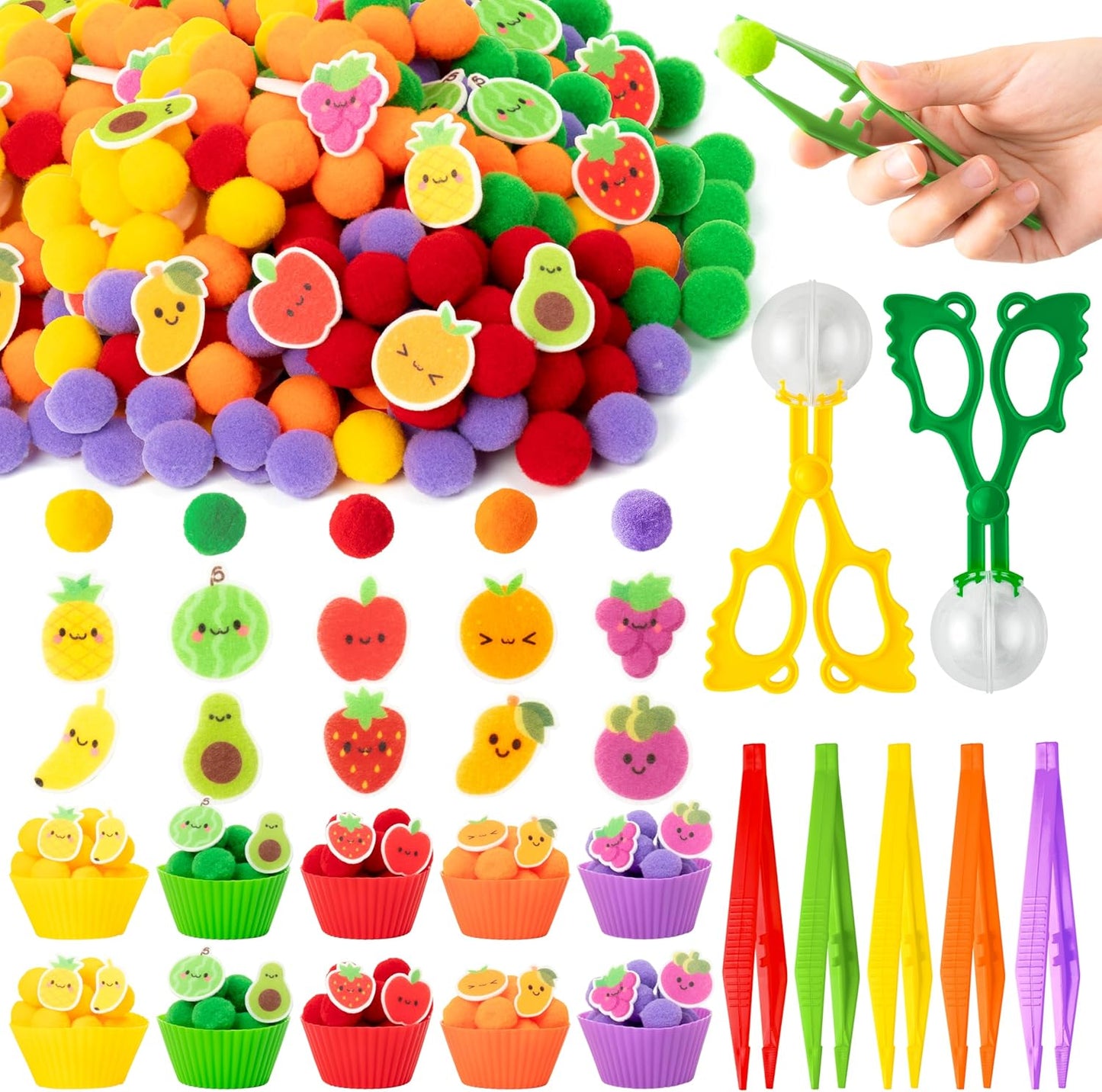 EZdhuawuse Summer Sensory Bin Fillers - 268P Fine Motor Toy Counting Sorting Set for Kid Birthday Easter Gift, Felt Phrases Heart Colorful Pom Poms Cup Clip for Preschool Education Activities