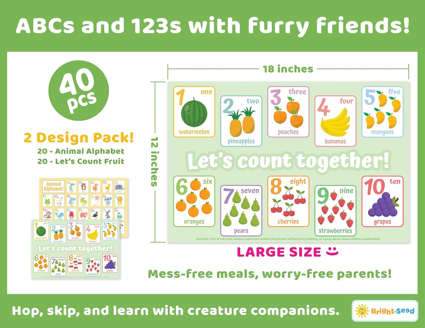 Bright Seed Disposable Placemats for Baby, Toddlers and Kids, Animals ABC & Numbers, 40 Disposable Baby mats for Restaurant, Dining Table & Travel, Learning Placemats for Kids, Toddler Travel
