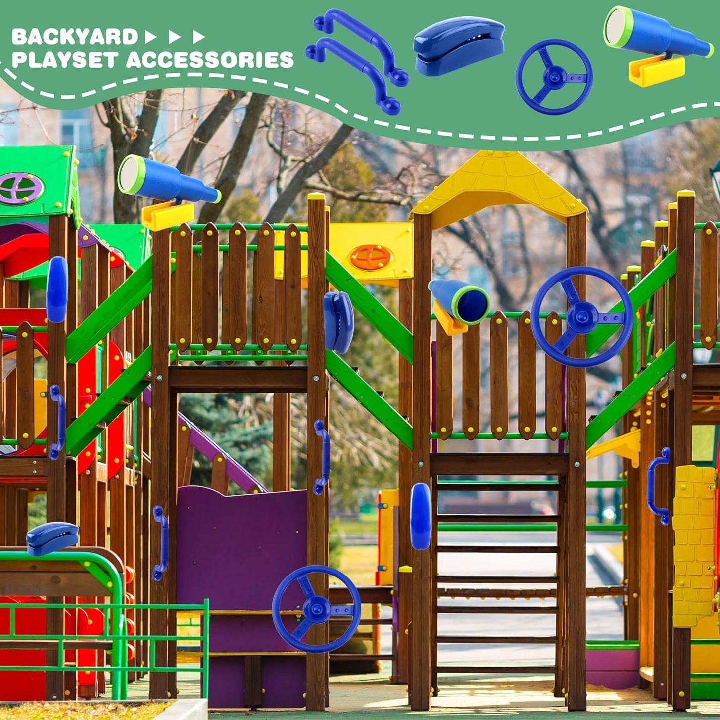 5 Pack Kids Playground Accessories Set Swingset Steering Wheel Plastic Telescope Safety Handles Telephone Toy for Outdoor Playhouse Playset (Color Set 4)