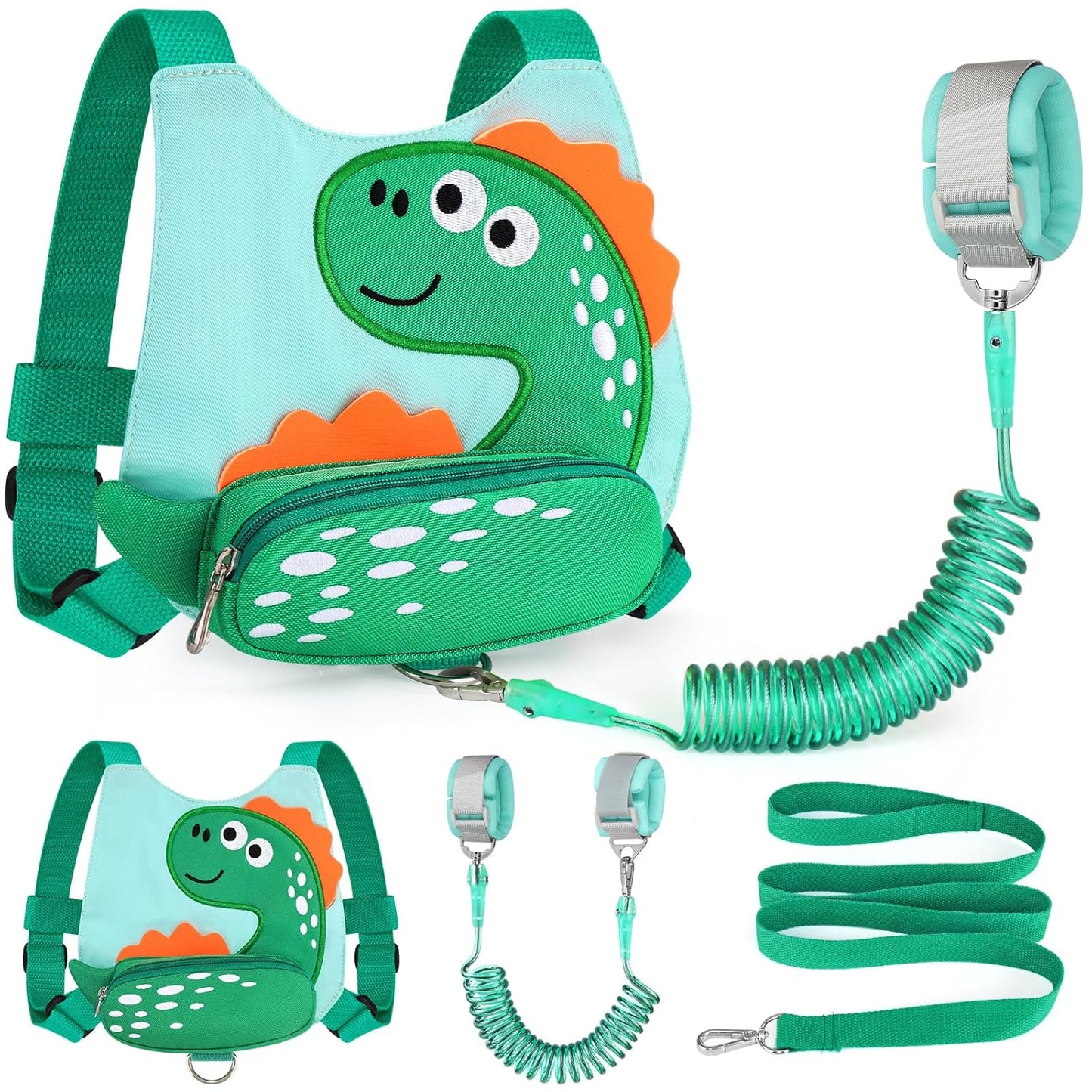 3 in 1 Toddler Harness Leash + Baby Anti Lost Wrist Link, Accmor Cute Dinosaur Child Safety Harness Tether, Kids Walking Wristband Assistant Strap Belt for Parent Boys Outdoor Activity (Black)