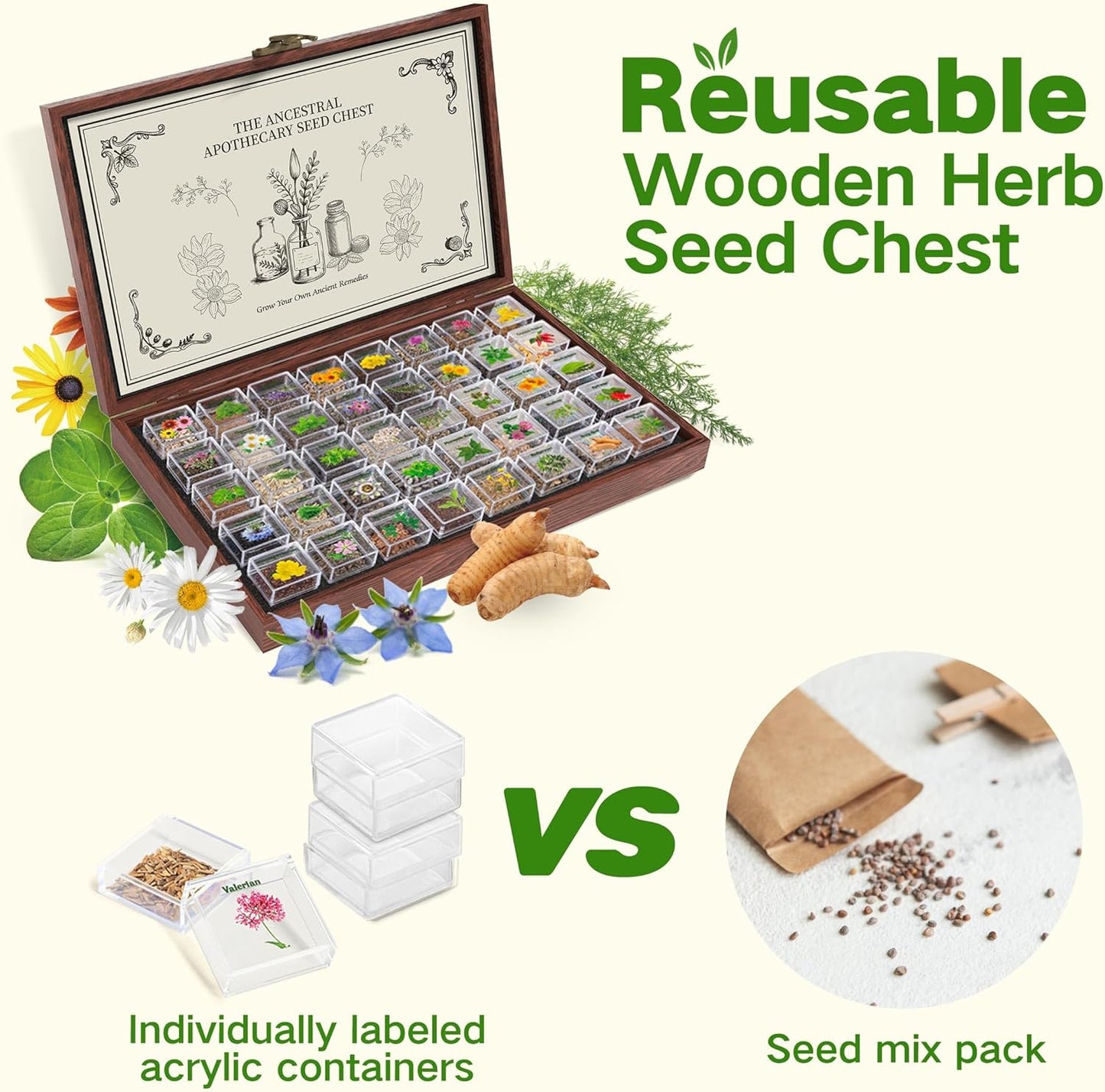 Lush&Dew Ancestral Apothecary Medicinal Tea Herb Seed Chest, 36,000+ Non-GMO Survival Seed Kit, Gardening Gifts for Women Men, 40 Types Heirloom Garden Seeds for Planting Herbs, Raised Bed Windowsill
