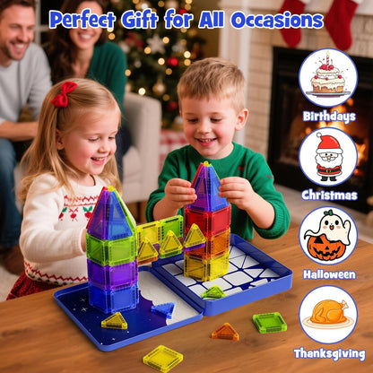 Magnetic Tiles for Kids Ages 4-8, Magnetic Blocks Travel Set with Diamond Surface & Metal Storage Box, 60PCS STEM Learning Toys, Educational Building Gifts for 3-8 Year Olds