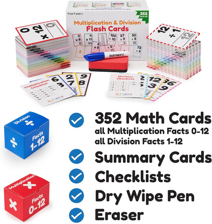 Multiplication Flash Cards, Math Flash Cards, Multiplication Division, Math Facts, Kids Games 2nd 3rd 4th 5th 6th Grade, Times Table | Bulk 352 Flashcards Set Ages 7-11