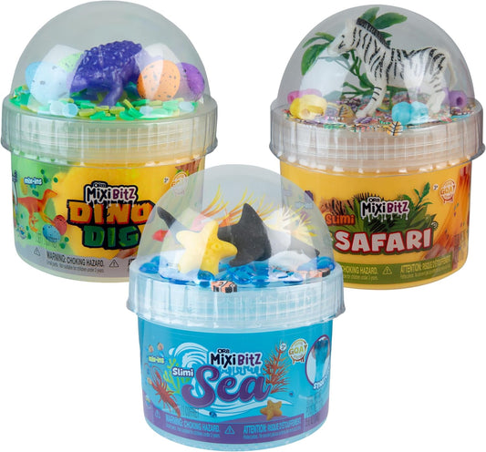 ORB Goat MixiBitz Adventure 3 Pack Slime Kit for Kids - Randomly Assorted Themed Toy with Each Traditional, Cloud, and Butter Slime - Slimi Sea, Safari, and Dino Dig Themes - Fun Party Favors, Gifts