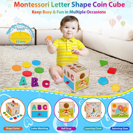 FCSONU Toddlers Montessori Toys for 1 2 3 Year Old Boys Girls, Wooden Baby Montessori Coin Box Toys for Toddlers 1-3, Shape Sorting Sensory Toys for Ages 2-3, Christmas & 1st Birthday Gifts for Kids