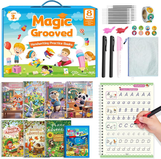 Magic Grooved Writing Practice Books for Kids 3-8, Reusable Grooved Handwriting Books-Letters Numbers Math Painting-Preschool Learning Activities-Birthday Gifts for 3 4 5 6 7 8 Years Old