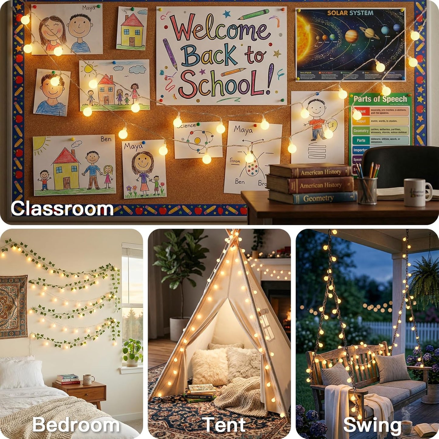 suddus String Lights for Bedroom, 66ft 200 Led Connectable Globe String Lights Indoor, Hanging Fairy Lights Plug in with Remote for Kids Room Dorm Classroom Outdoor Christmas Tree Decor, Warm White